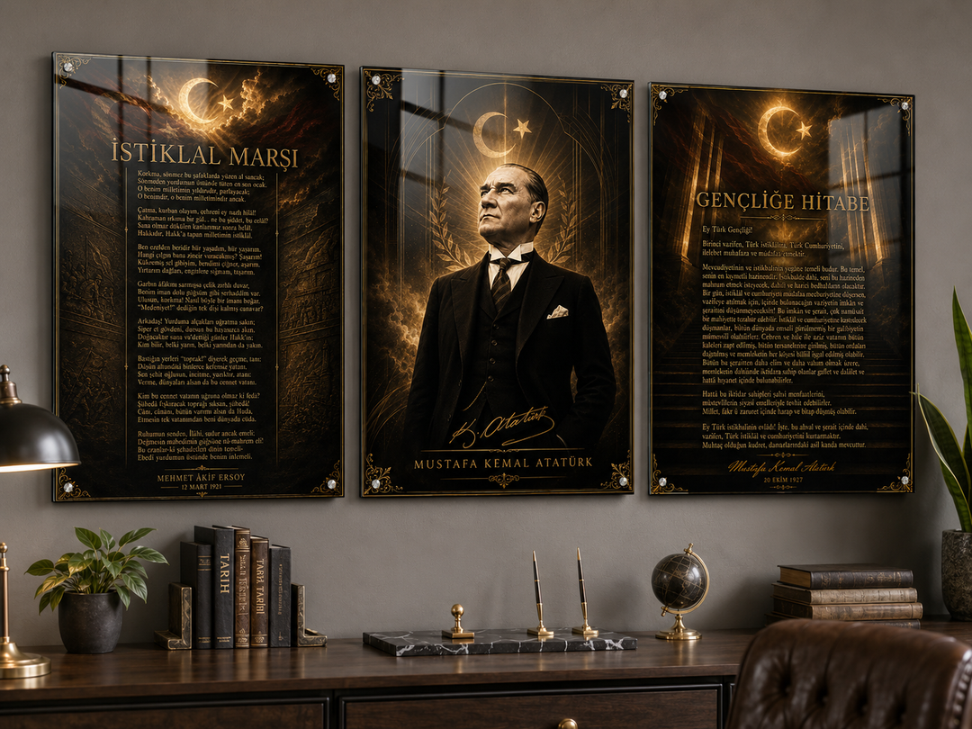 Atatürk, İstiklal Marşı ve Gençliğe Hitabe 3’lü Cam Tablo Seti – Model 17 – oda görünümü 2