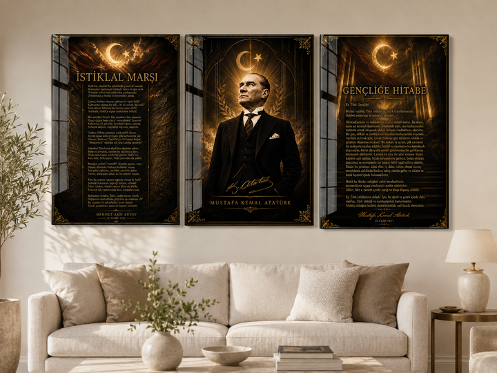 Atatürk, İstiklal Marşı ve Gençliğe Hitabe 3’lü Cam Tablo Seti – Model 17 – oda görünümü 3