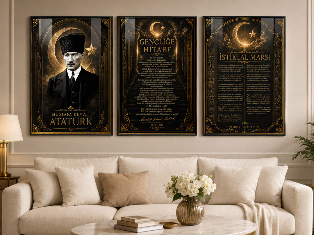 Atatürk, İstiklal Marşı ve Gençliğe Hitabe 3’lü Cam Tablo Seti – Model 18