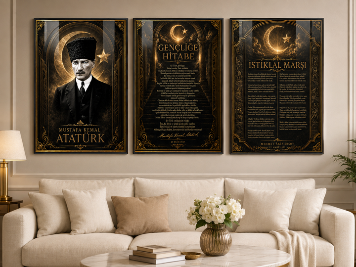 Atatürk, İstiklal Marşı ve Gençliğe Hitabe 3’lü Cam Tablo Seti – Model 18