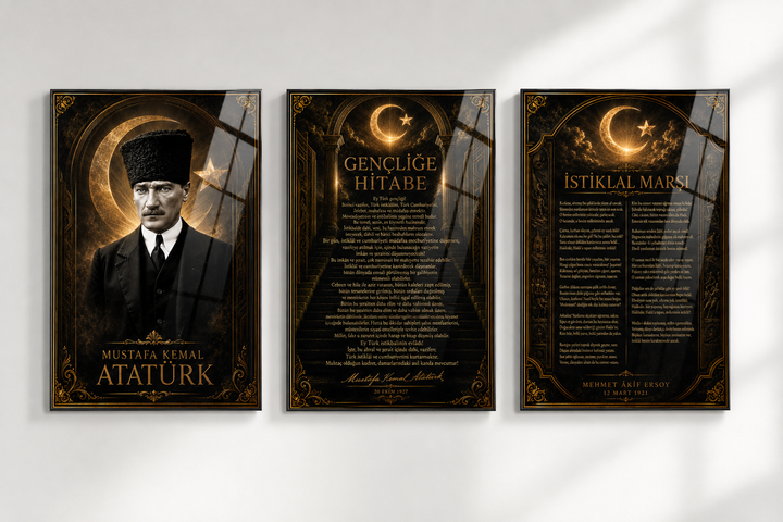 Atatürk, İstiklal Marşı ve Gençliğe Hitabe 3’lü Cam Tablo Seti – Model 18 – oda görünümü 2
