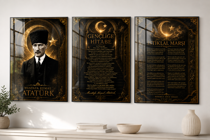 Atatürk, İstiklal Marşı ve Gençliğe Hitabe 3’lü Cam Tablo Seti – Model 18 – oda görünümü 3