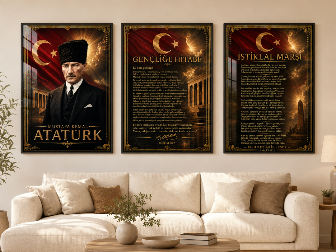 Atatürk, İstiklal Marşı ve Gençliğe Hitabe 3’lü Cam Tablo Seti – Model 19