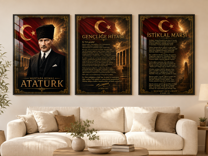 Atatürk, İstiklal Marşı ve Gençliğe Hitabe 3’lü Cam Tablo Seti – Model 19