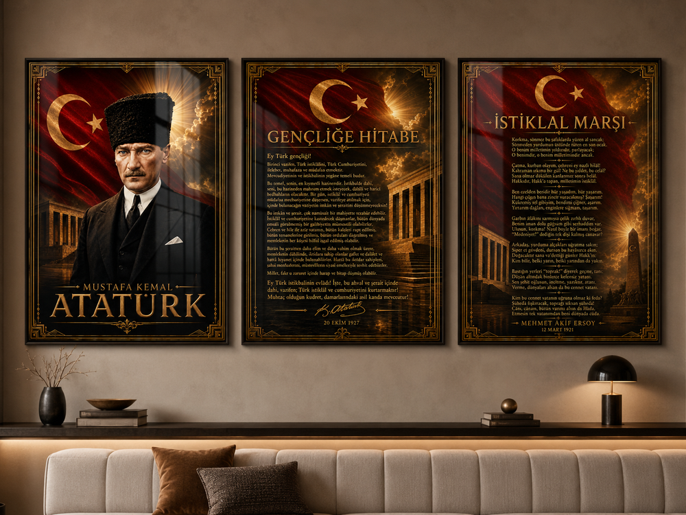 Atatürk, İstiklal Marşı ve Gençliğe Hitabe 3’lü Cam Tablo Seti – Model 19 – oda görünümü 2