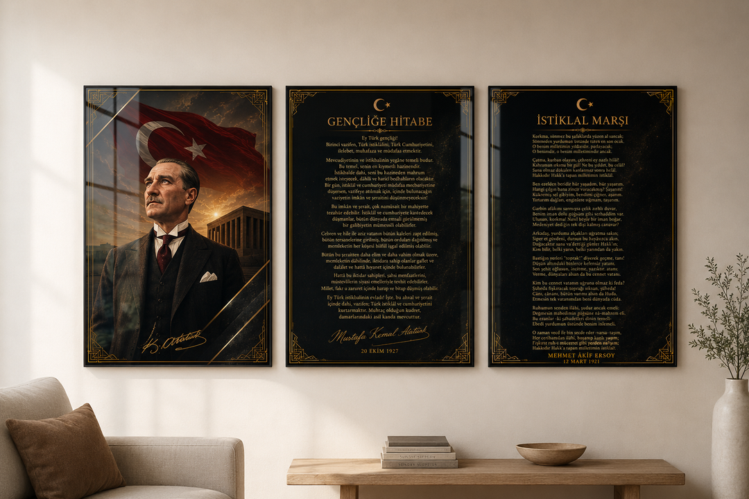 Atatürk, İstiklal Marşı ve Gençliğe Hitabe 3’lü Cam Tablo Seti – Model 20