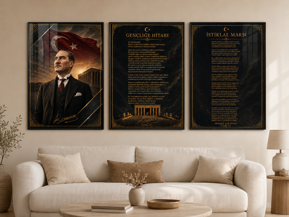 Atatürk, İstiklal Marşı ve Gençliğe Hitabe 3’lü Cam Tablo Seti – Model 20 – oda görünümü 2