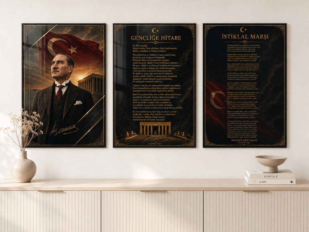 Atatürk, İstiklal Marşı ve Gençliğe Hitabe 3’lü Cam Tablo Seti – Model 20 – oda görünümü 4