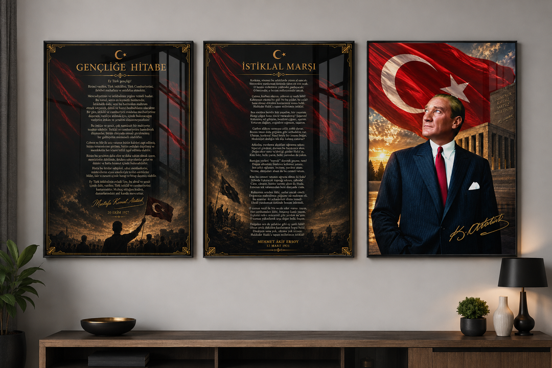 Atatürk, İstiklal Marşı ve Gençliğe Hitabe 3’lü Cam Tablo Seti – Model 21