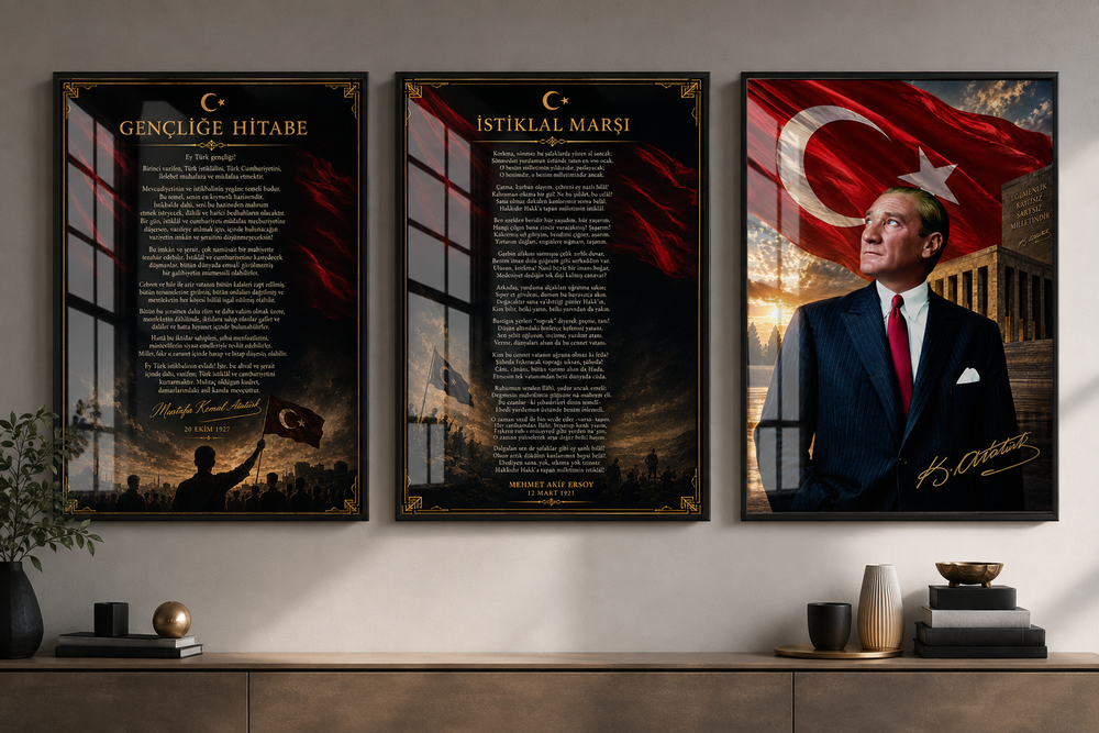 Atatürk, İstiklal Marşı ve Gençliğe Hitabe 3’lü Cam Tablo Seti – Model 21 – oda görünümü 2