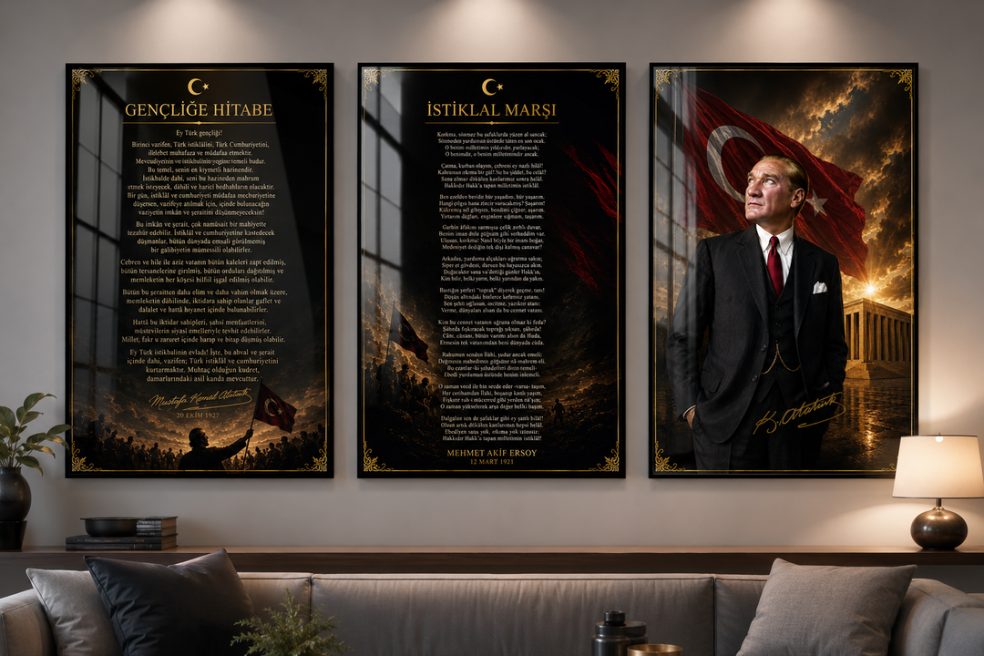 Atatürk, İstiklal Marşı ve Gençliğe Hitabe 3’lü Cam Tablo Seti – Model 22