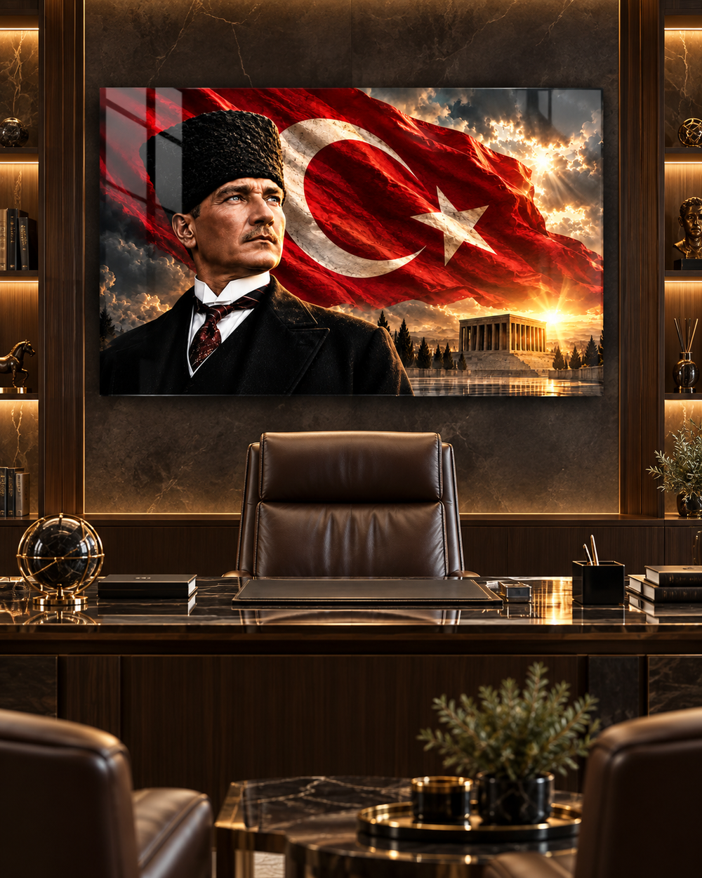 Yatay Atatürk Portresi, Türk Bayrağı ve Anıtkabir Temperli Cam Tablo – görünüm 2