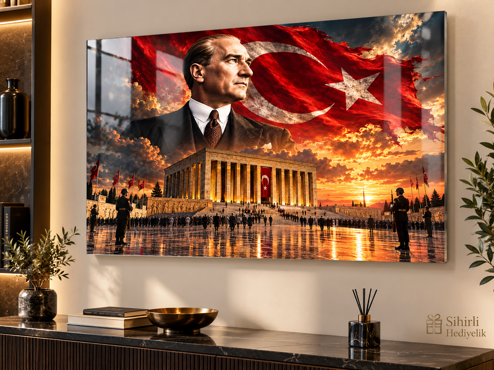 Atatürk, Türk Bayrağı ve Anıtkabir Temalı Temperli Cam Tablo – Model 3