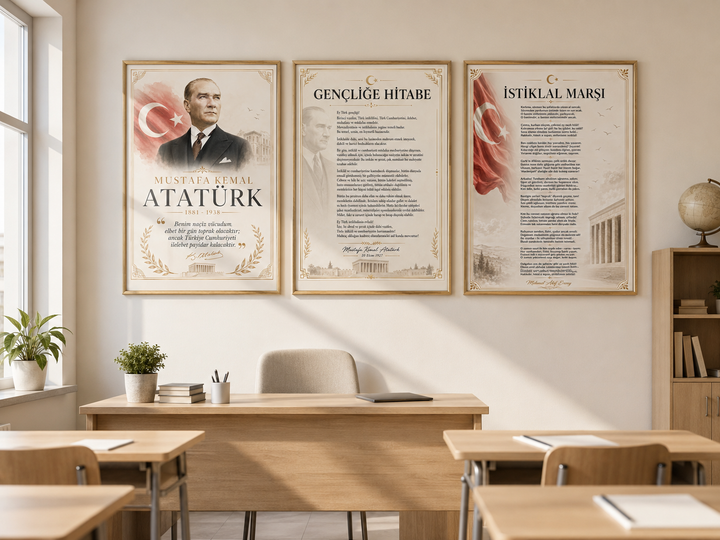 Atatürk 3’lü Cam Tablo Seti – Şık ve Anlamlı Duvar Dekoru
