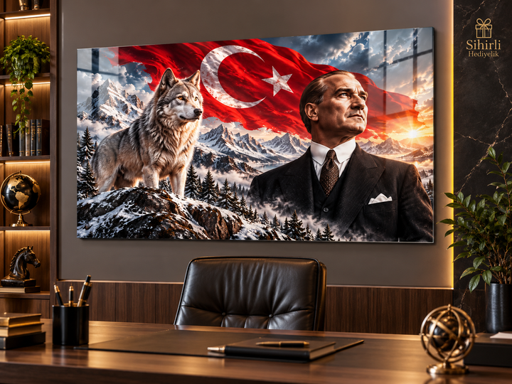 Atatürk ve Bozkurt Temalı Temperli Cam Tablo – Model 32