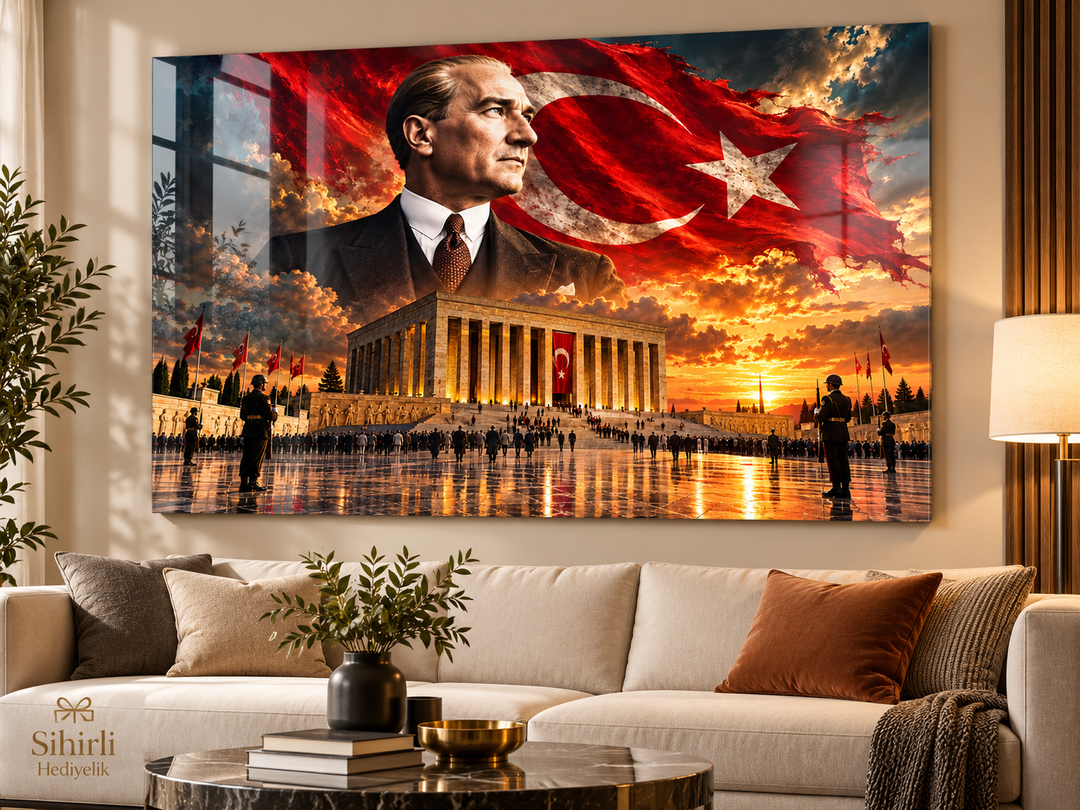 Atatürk, Türk Bayrağı ve Anıtkabir Temalı Temperli Cam Tablo – Model 31
