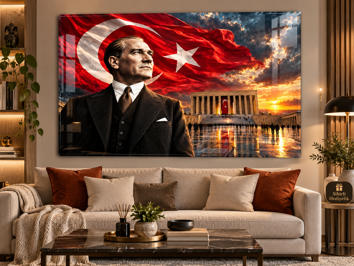 Atatürk ve Türk Bayrağı Temalı Temperli Cam Tablo – Model 33