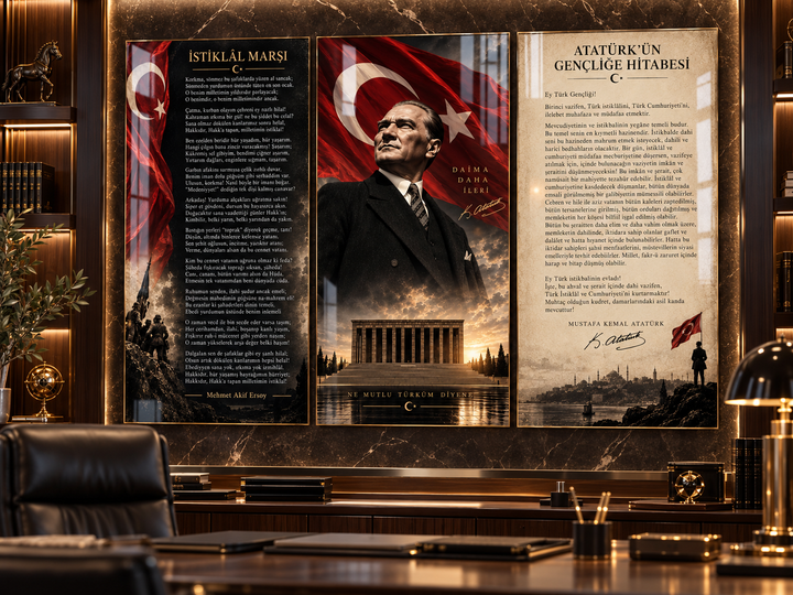 Atatürk, İstiklal Marşı ve Gençliğe Hitabe 3’lü Cam Tablo Seti – Model 23 – görünüm 3