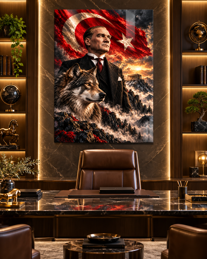 Atatürk ve Bozkurt Gün Batımı Dağ Manzaralı Temperli Cam Tablo – görünüm 2