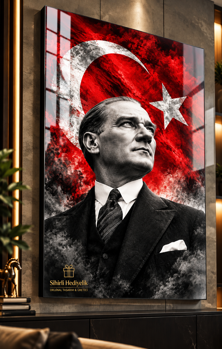 Atatürk ve Türk Bayrağı Temalı Temperli Cam Tablo – Model 10