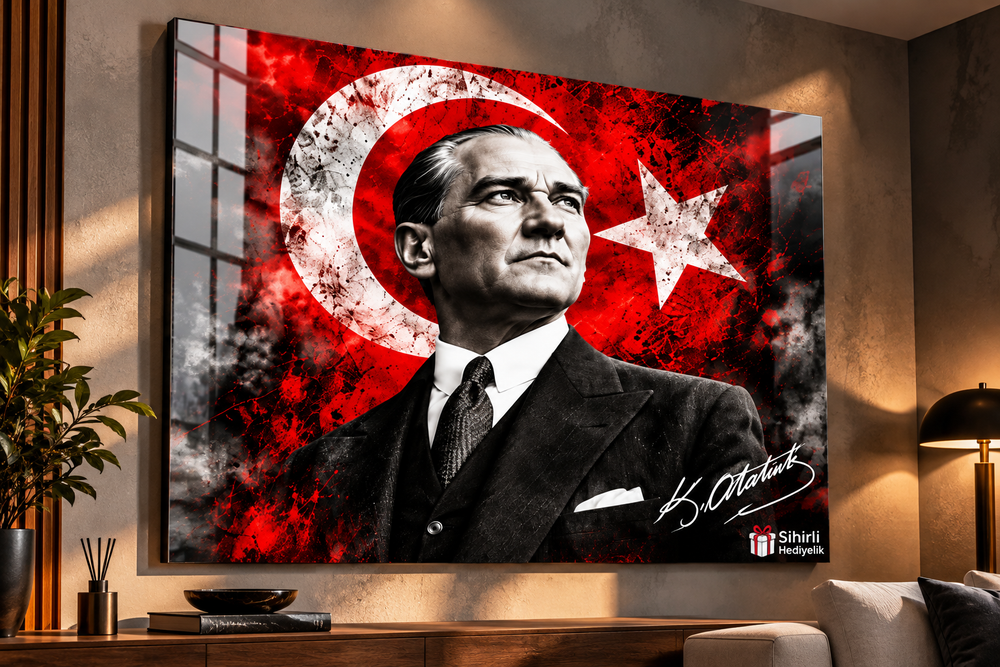 Atatürk ve Türk Bayrağı Temalı Temperli Cam Tablo – Model 14