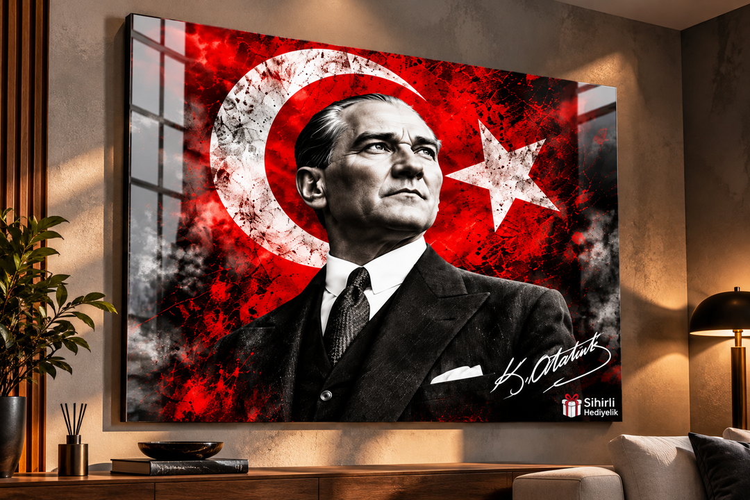 Atatürk ve Türk Bayrağı Temalı Temperli Cam Tablo – Model 14