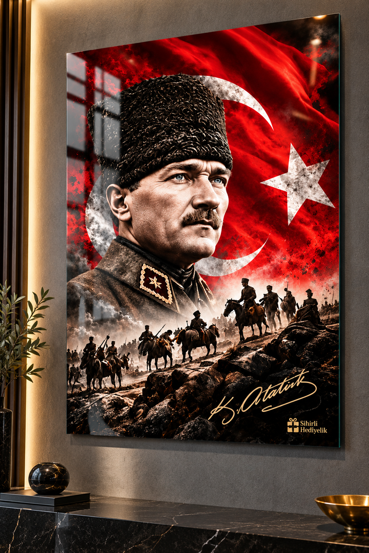 Atatürk ve Türk Bayrağı Temalı Temperli Cam Tablo – Model 18