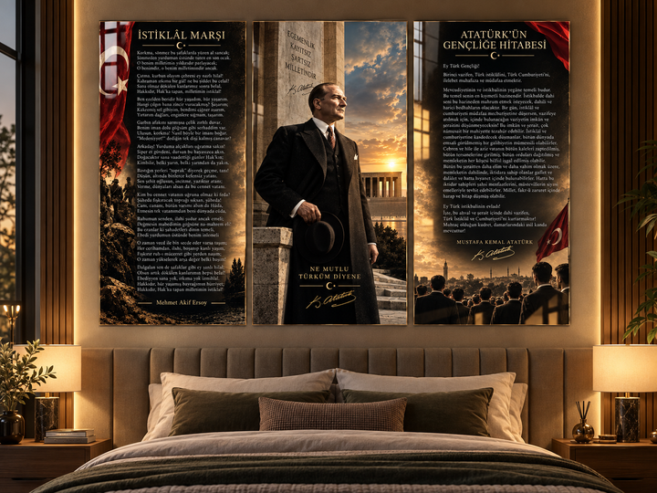 Atatürk, İstiklal Marşı ve Gençliğe Hitabe 3’lü Cam Tablo Seti – Model 24 – görünüm 3