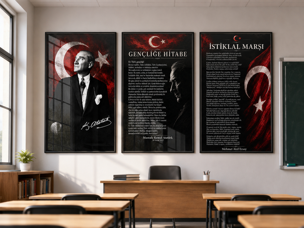 Modern Atatürk 3’lü Cam Tablo Seti – Ofis ve Salon