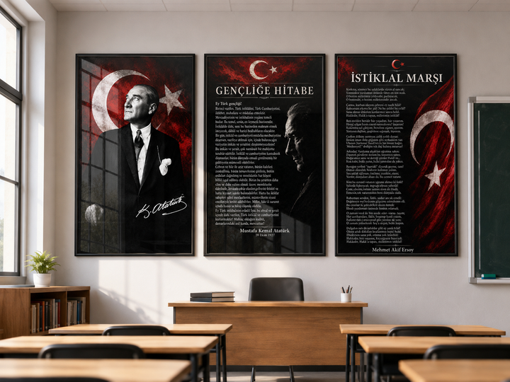Modern Atatürk 3’lü Cam Tablo Seti – Ofis ve Salon