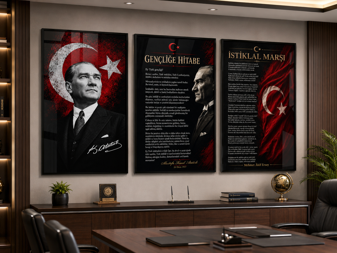 Atatürk 3’lü Cam Tablo Seti – Makam Odası Dekoru