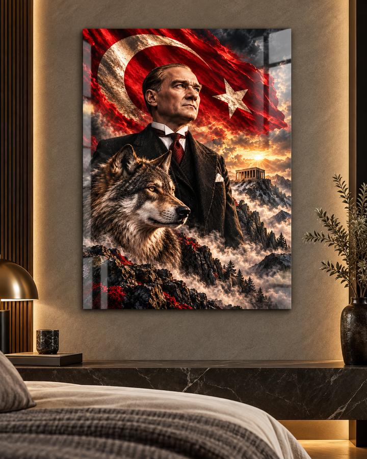 Atatürk ve Bozkurt Gün Batımı Dağ Manzaralı Temperli Cam Tablo – görünüm 3