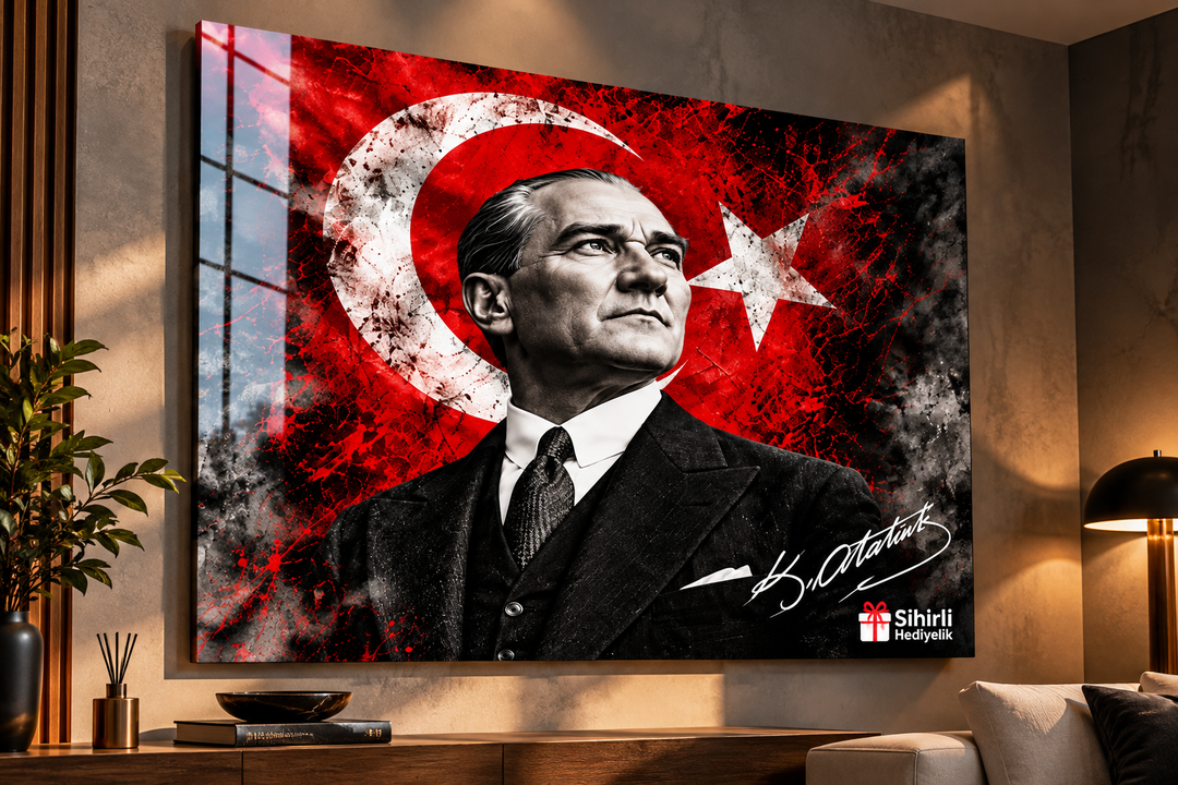 Atatürk ve Türk Bayrağı Temalı Temperli Cam Tablo – Model 14