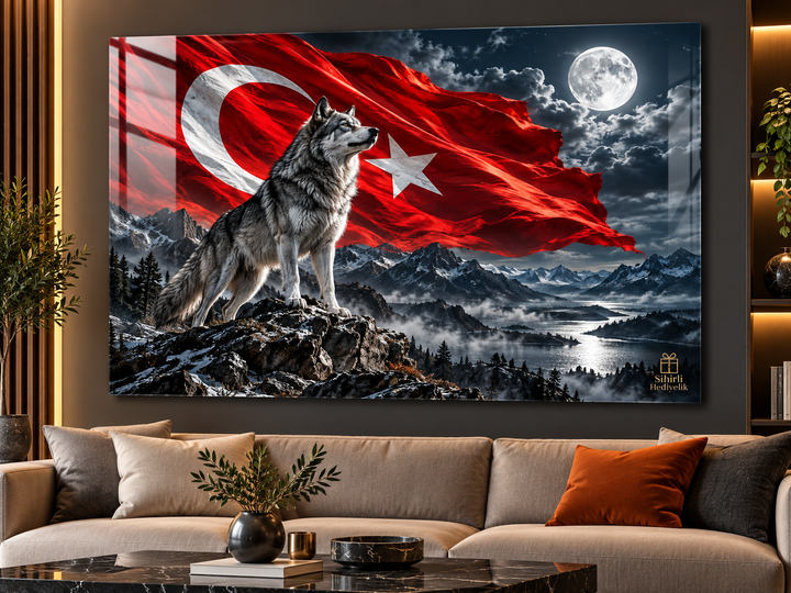 Bozkurt ve Türk Bayrağı Temalı Temperli Cam Tablo – Model 24