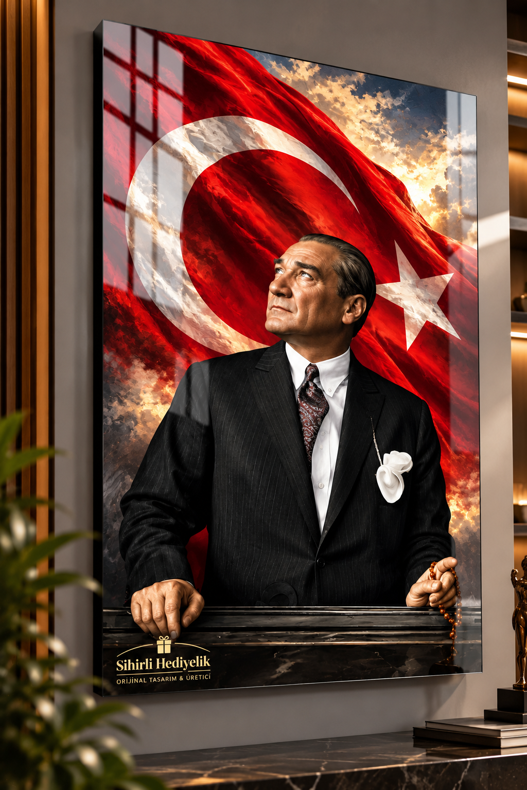 Atatürk ve Türk Bayrağı Temalı Temperli Cam Tablo – Model 07