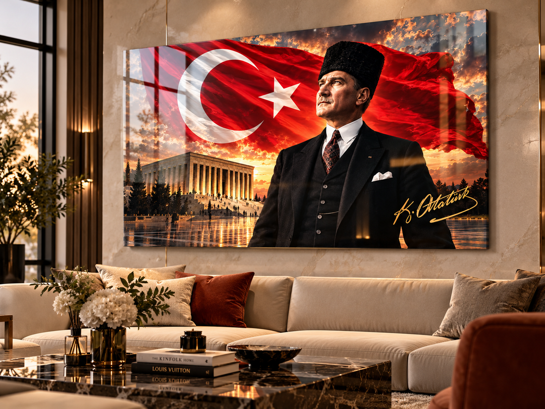 Atatürk ve Türk Bayrağı Temalı Temperli Cam Tablo – Model 11