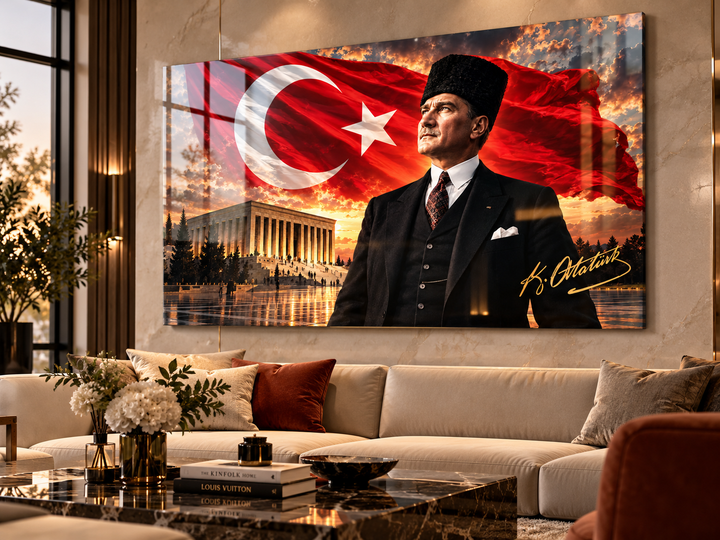 Atatürk ve Türk Bayrağı Temalı Temperli Cam Tablo – Model 11