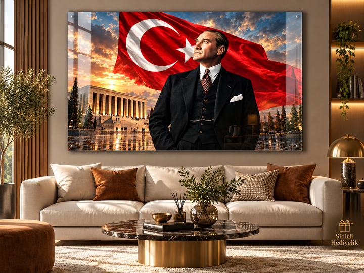 Atatürk ve Türk Bayrağı Temalı Temperli Cam Tablo – Model 15