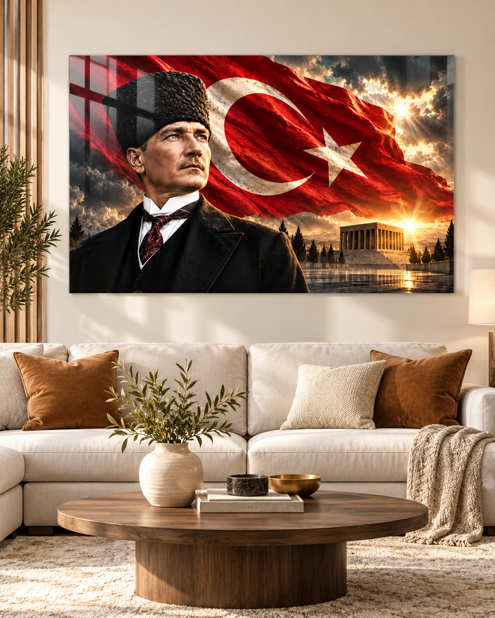 Yatay Atatürk Portresi, Türk Bayrağı ve Anıtkabir Temperli Cam Tablo – görünüm 3