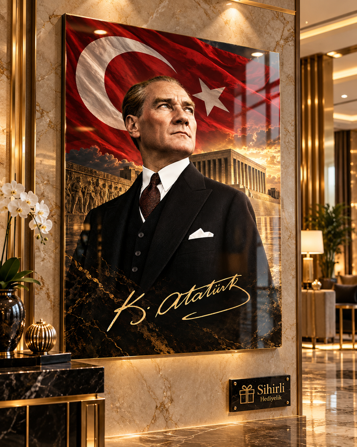 Atatürk, Türk Bayrağı ve Anıtkabir Temalı Temperli Cam Tablo – Model 27