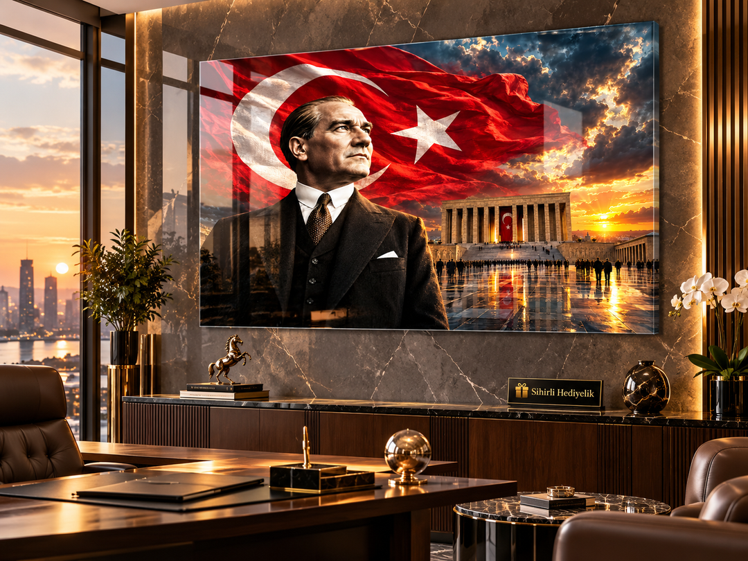 Atatürk ve Türk Bayrağı Temalı Temperli Cam Tablo – Model 33