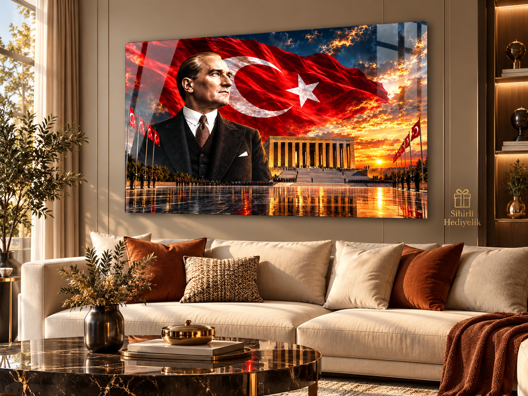 Atatürk ve Türk Bayrağı Temalı Temperli Cam Tablo – Model 35