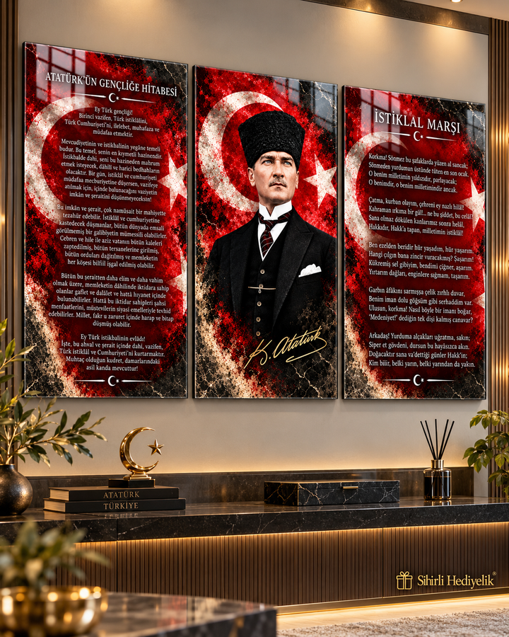 Atatürk, Gençliğe Hitabe ve İstiklal Marşı Cam Tablo Seti – Model 17