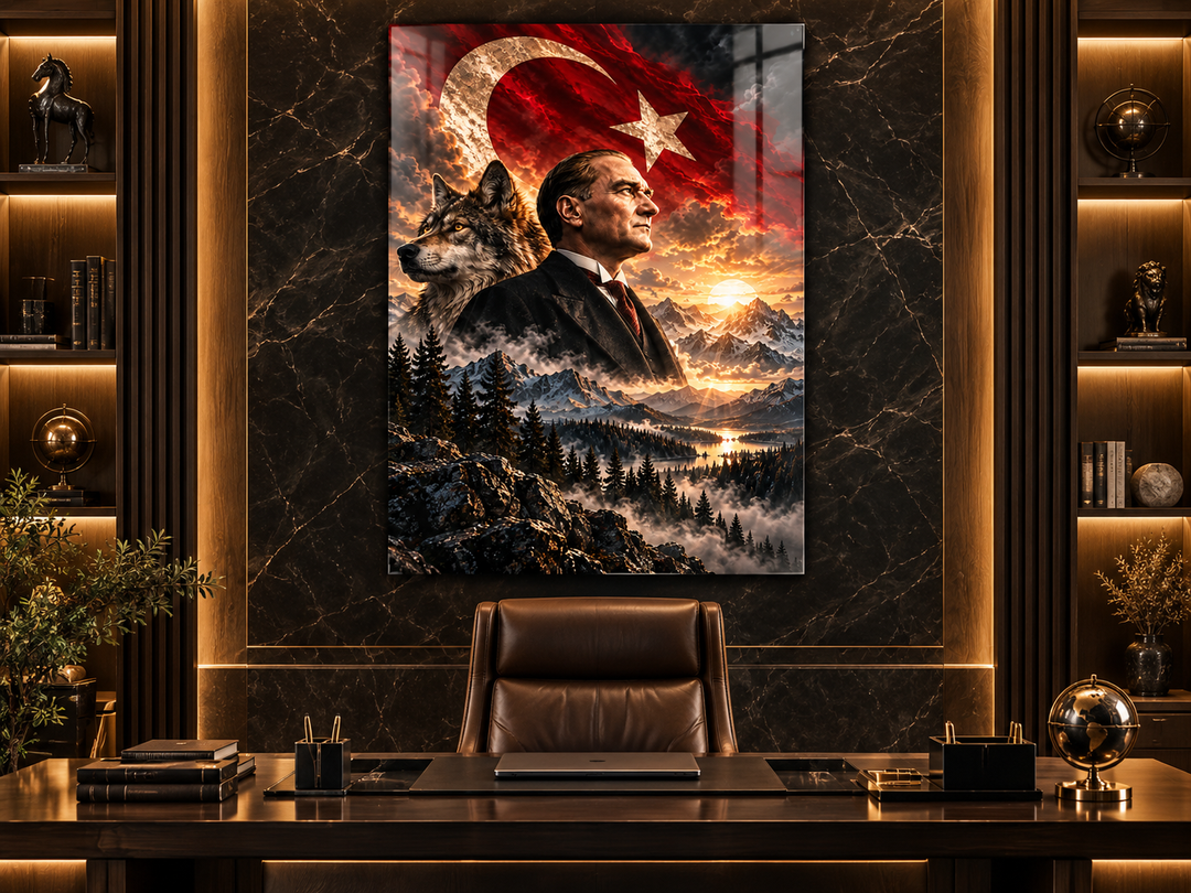 Atatürk Portresi ve Bozkurt Türk Bayrağı Temperli Cam Tablo – görünüm 6