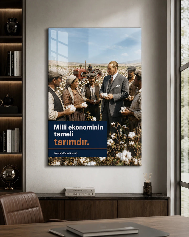 Millî Ekonominin Temeli Tarımdır Atatürk Cam Tablo – Pamuk Tarlası – yakın plan oda görünümü