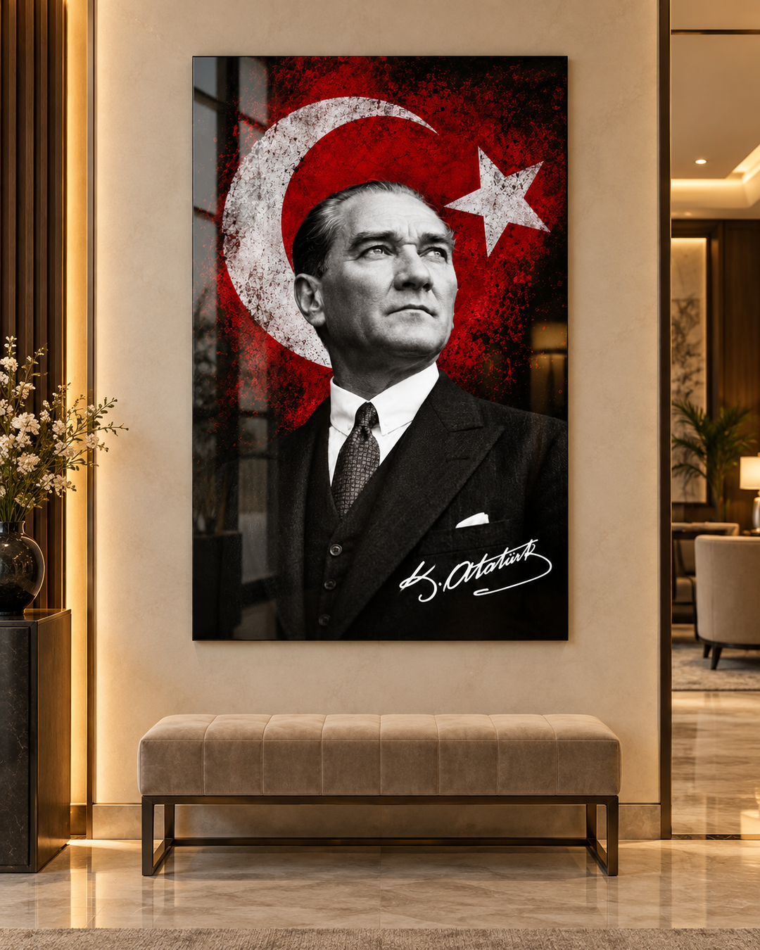 Türk Bayraklı İmzalı Siyah Beyaz Atatürk Cam Tablo