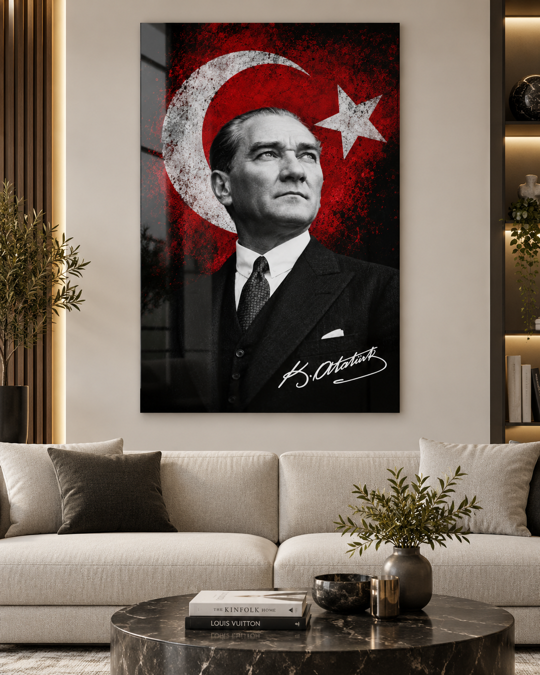 Türk Bayraklı İmzalı Siyah Beyaz Atatürk Cam Tablo – görünüm 2