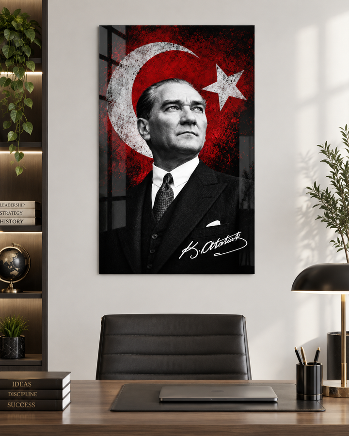 Türk Bayraklı İmzalı Siyah Beyaz Atatürk Cam Tablo – görünüm 3