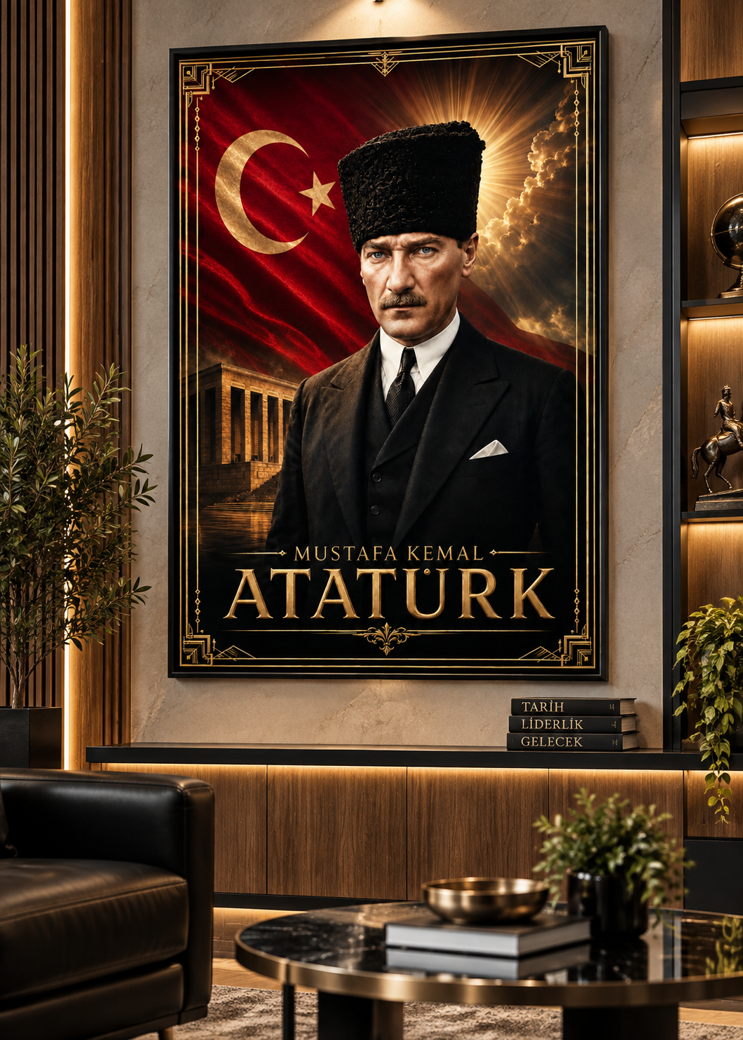 Kalpaklı Atatürk ve Anıtkabir Altın Motifli Cam Tablo