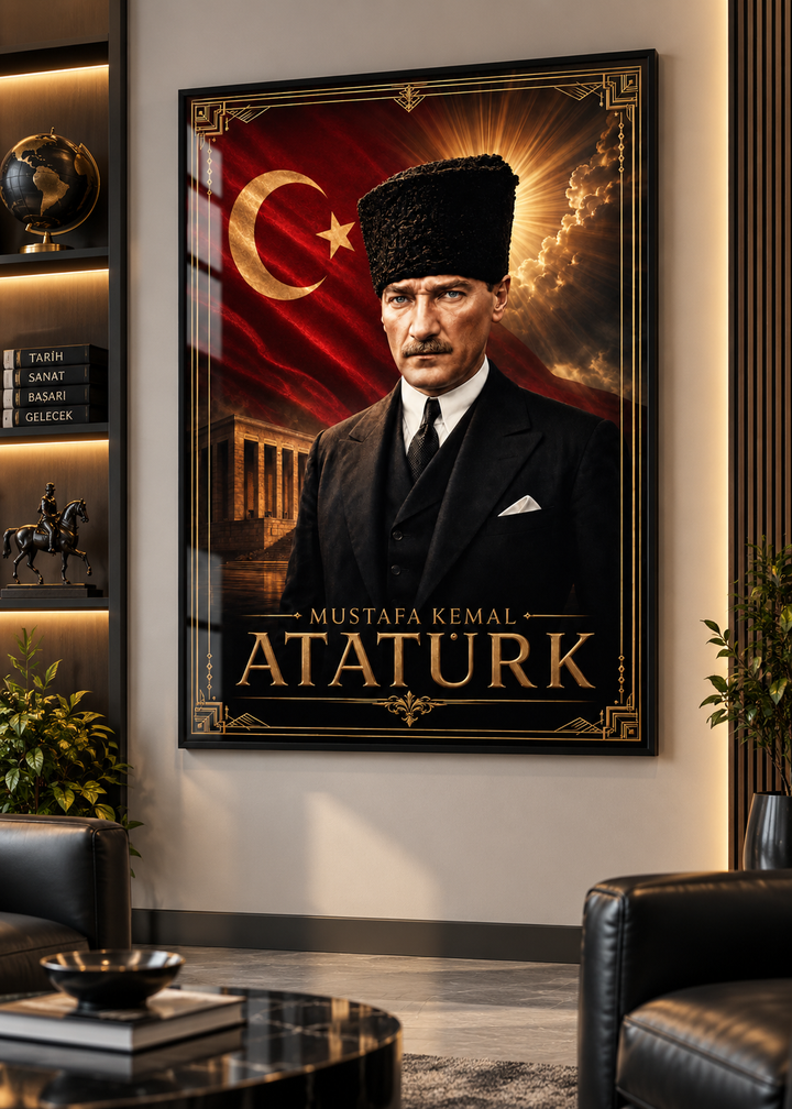 Kalpaklı Atatürk ve Anıtkabir Altın Motifli Cam Tablo – görünüm 2
